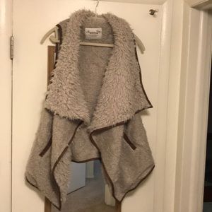American Rag Cream Fuzzy Vest with Brown Accents